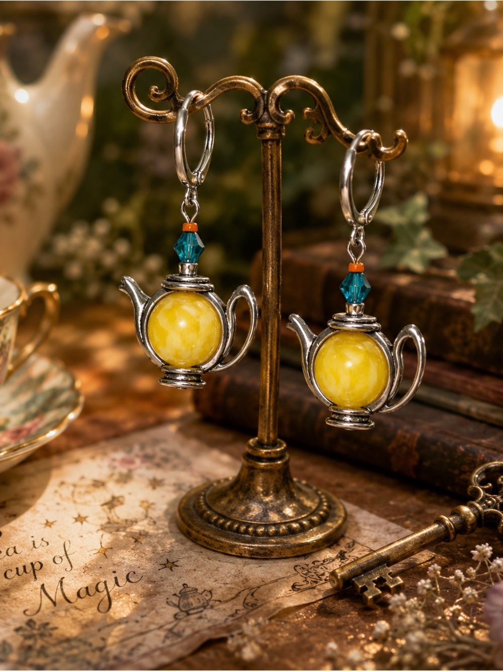 Handmade Antique Silver Teapot Earrings Whimsical Dangle Jewelry with Beads, MTO - Picture 11 of 11
